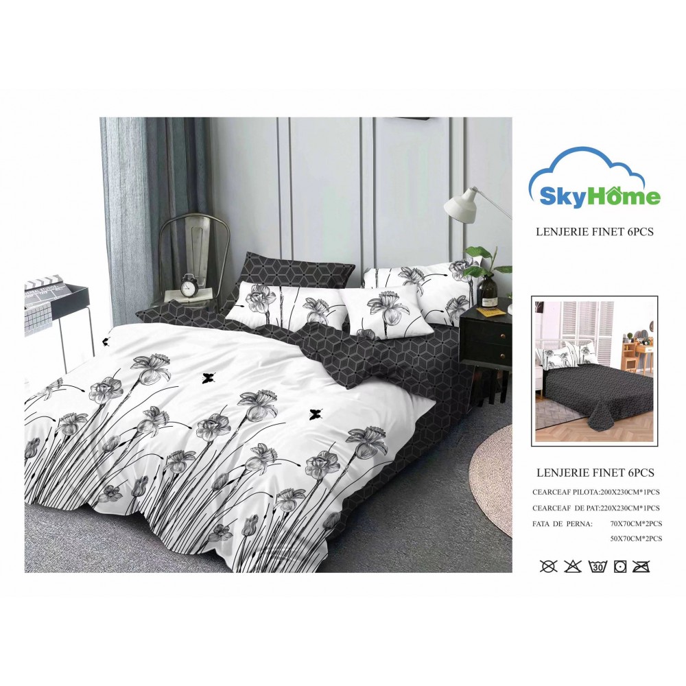 Lenjerie de Pat din Finet cu 2 Fete, 6 Piese, Pat 2 Persoane, LF6PSKY34 1 + 1 Gratis
