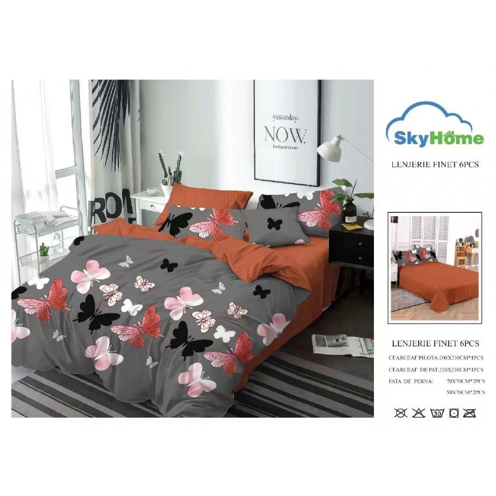 Lenjerie de Pat din Finet cu 2 Fete, 6 Piese, Pat 2 Persoane, LF6PSKY35 1 + 1 Gratis