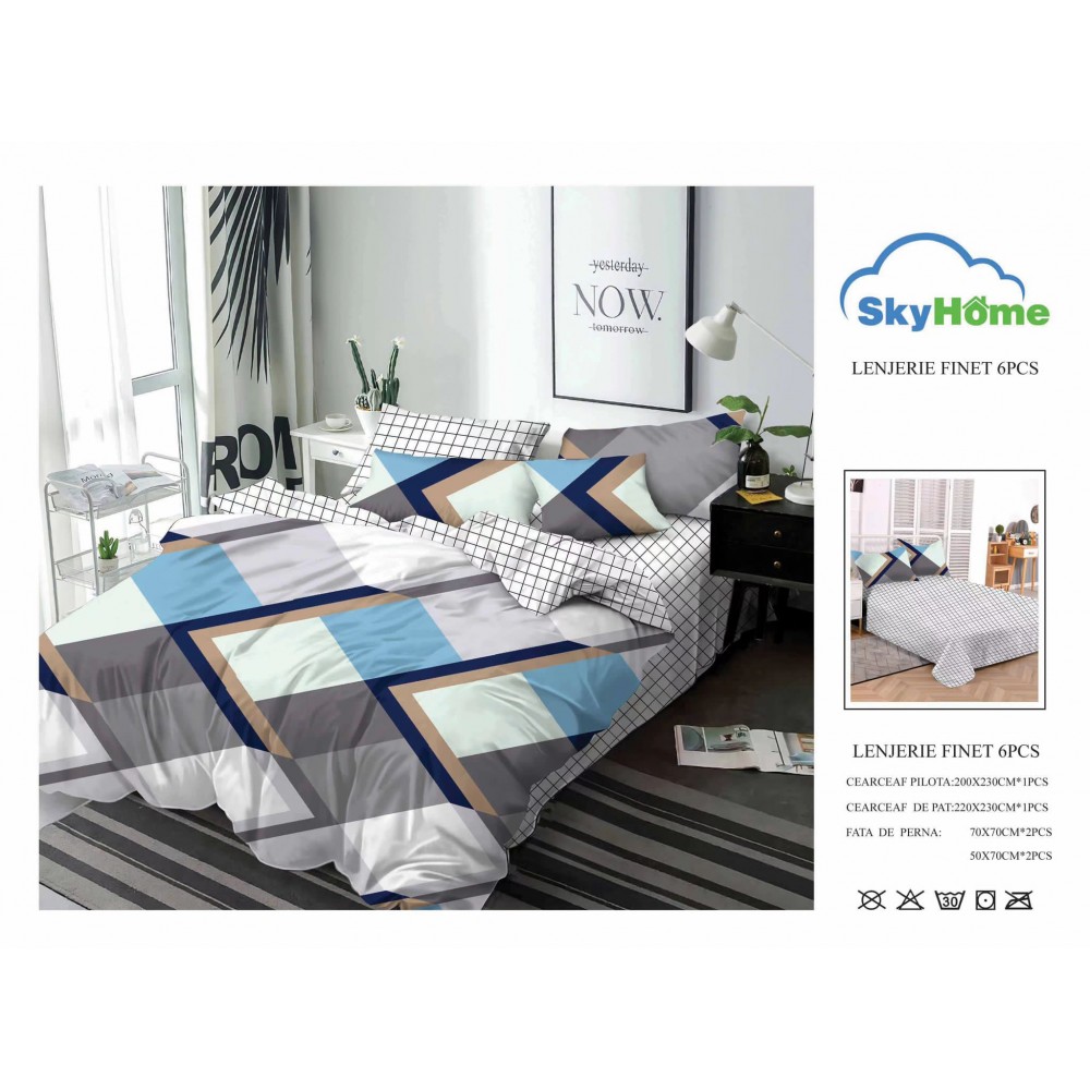 Lenjerie de Pat din Finet cu 2 Fete, 6 Piese, Pat 2 Persoane, LF6PSKY36 1 + 1 Gratis