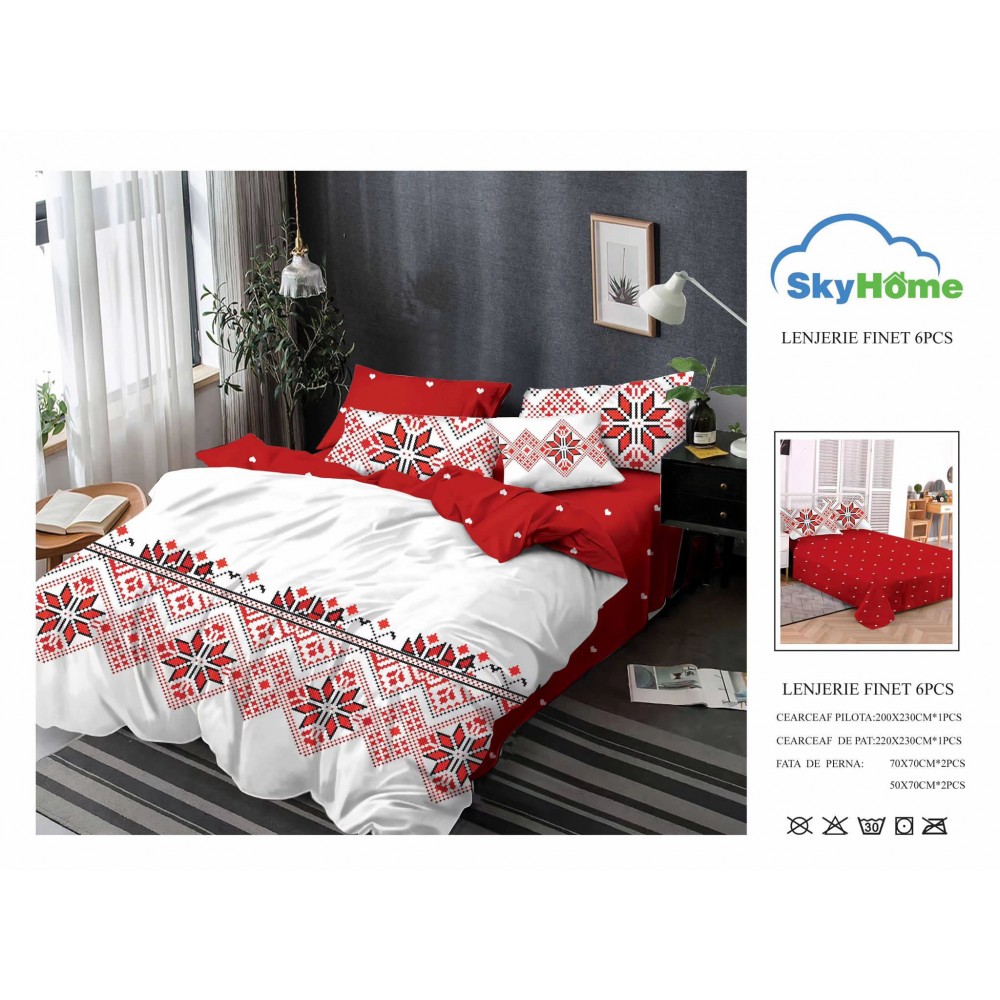 Lenjerie de Pat din Finet cu 2 Fete, 6 Piese, Pat 2 Persoane, LF6PSKY37 1 + 1 Gratis