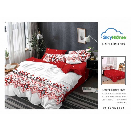 Lenjerie de Pat din Finet cu 2 Fete, 6 Piese, Pat 2 Persoane, LF6PSKY37