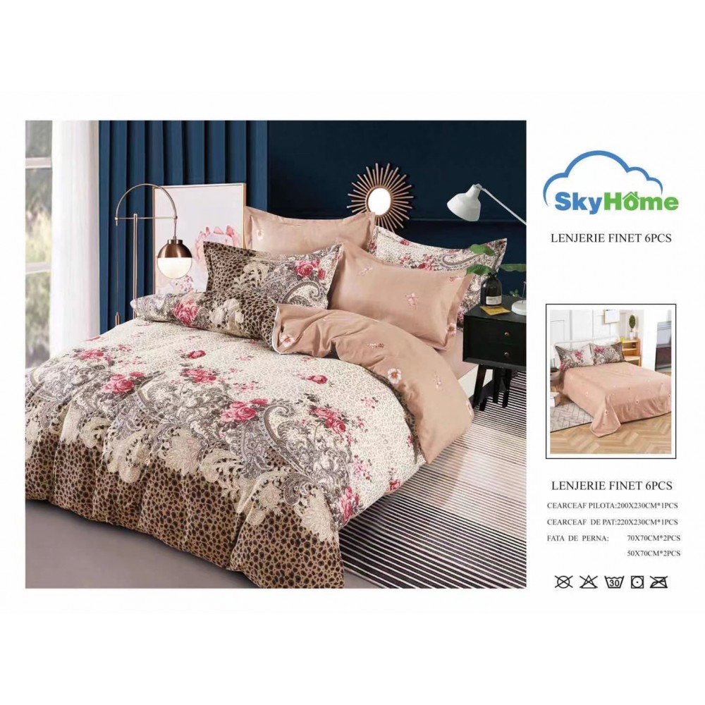 Lenjerie de Pat din Finet cu 2 Fete, 6 Piese, Pat 2 Persoane, LF6PSKY39 1 + 1 Gratis