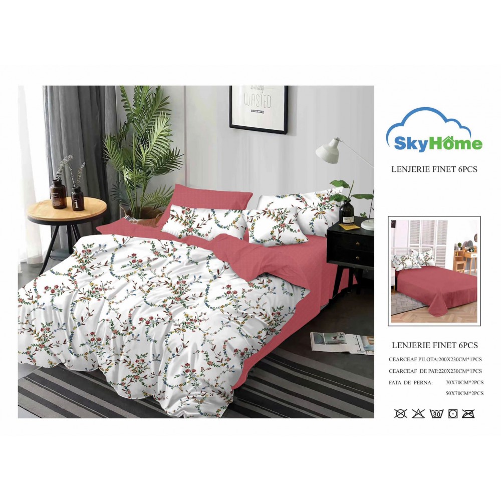 Lenjerie de Pat din Finet cu 2 Fete, 6 Piese, Pat 2 Persoane, LF6PSKY43 1 + 1 Gratis