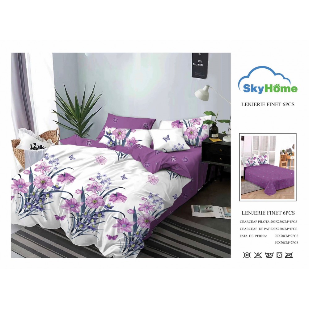 Lenjerie de Pat din Finet cu 2 Fete, 6 Piese, Pat 2 Persoane, LF6PSKY45 1 + 1 Gratis