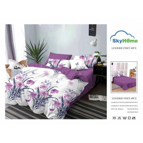 Lenjerie de Pat din Finet cu 2 Fete, 6 Piese, Pat 2 Persoane, LF6PSKY45