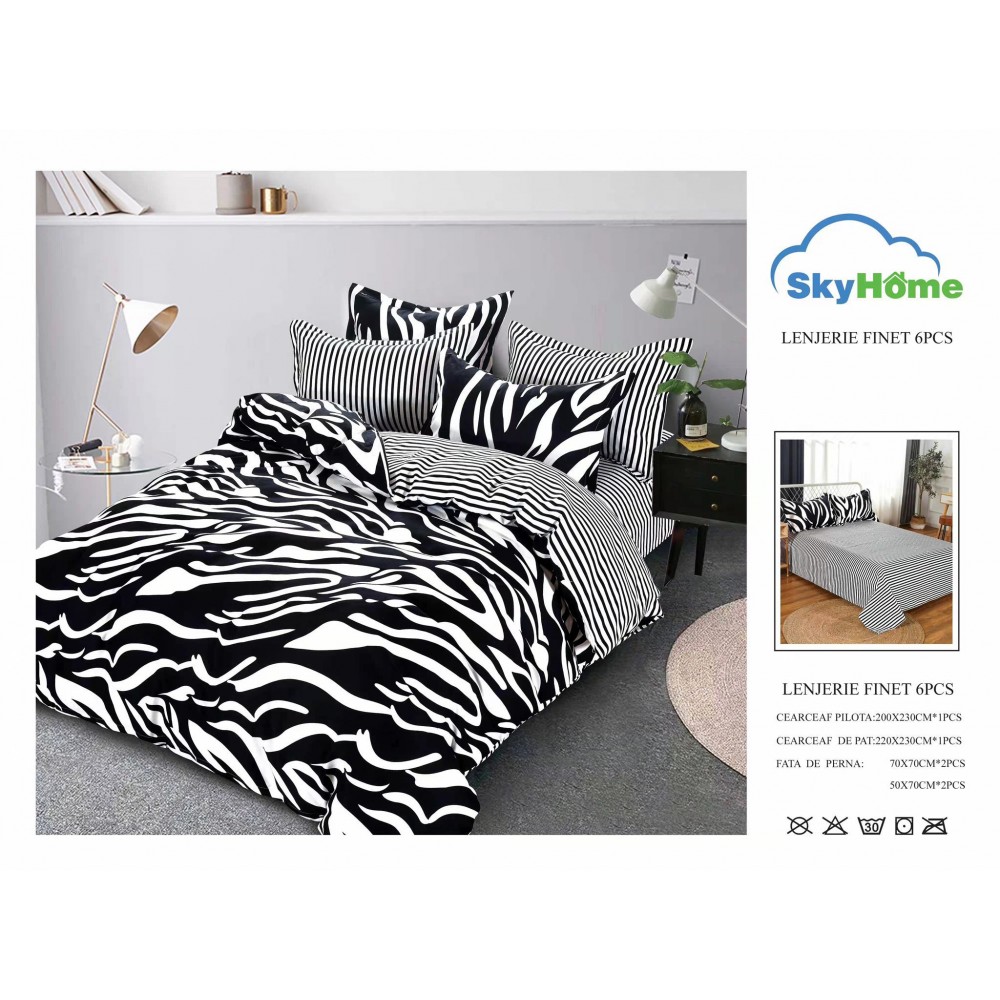 Lenjerie de Pat din Finet cu 2 Fete, 6 Piese, Pat 2 Persoane, LF6PSKY48 1 + 1 Gratis