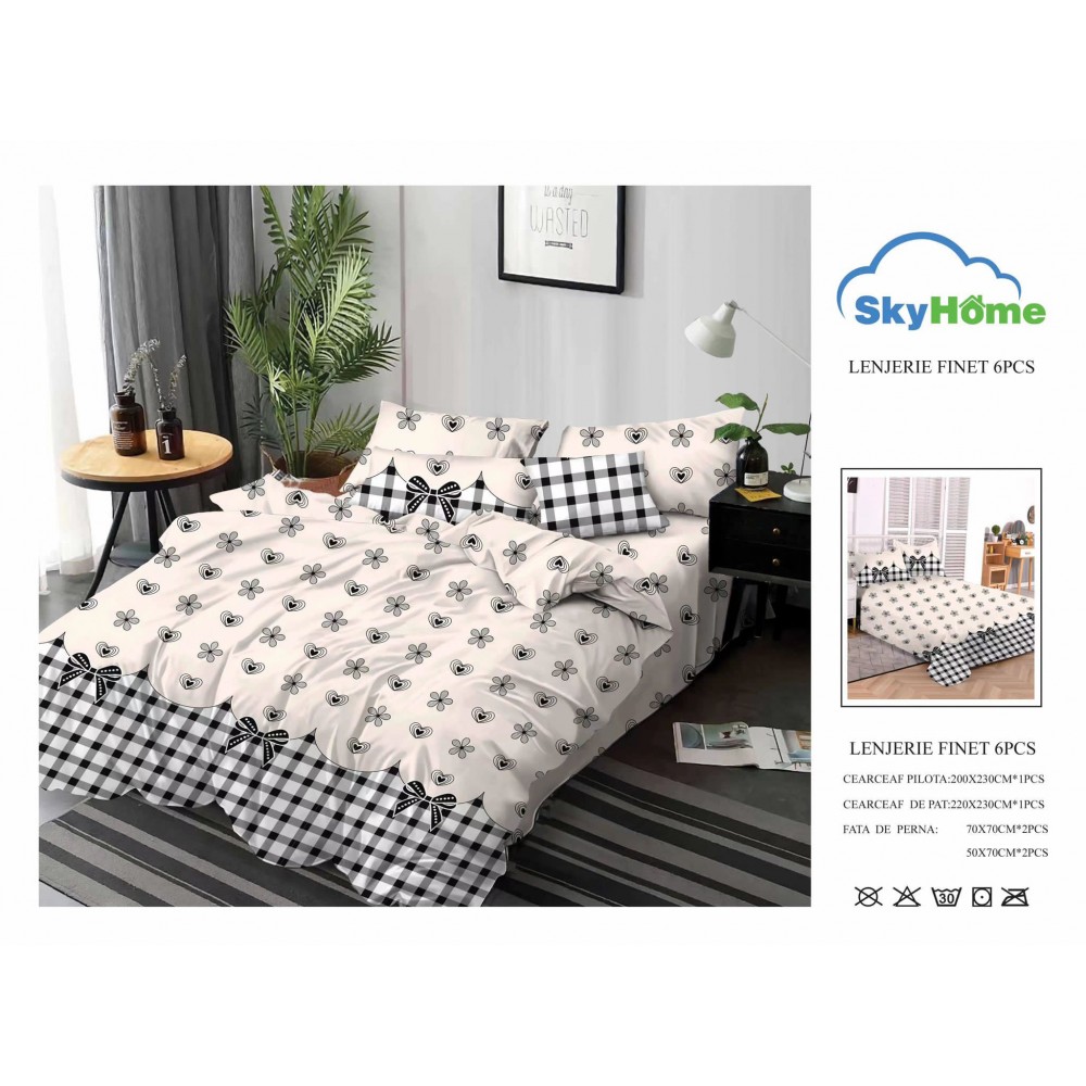 Lenjerie de Pat din Finet cu 2 Fete, 6 Piese, Pat 2 Persoane, LF6PSKY49 1 + 1 Gratis