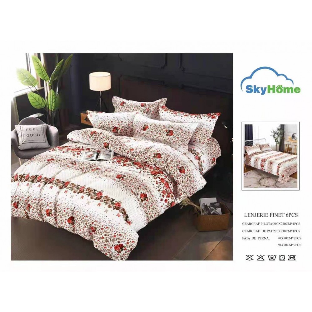 Lenjerie de Pat din Finet cu 2 Fete, 6 Piese, Pat 2 Persoane, LF6PSKY54 1 + 1 Gratis