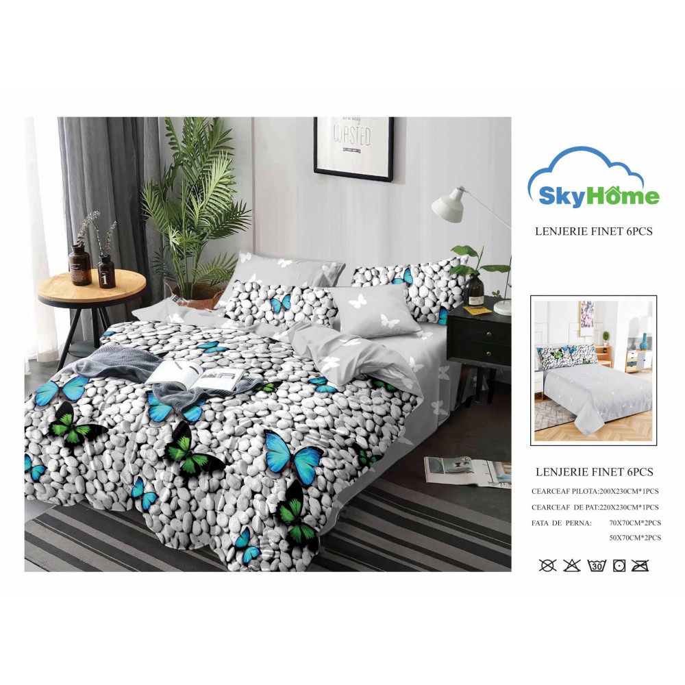 Lenjerie de Pat din Finet cu 2 Fete, 6 Piese, Pat 2 Persoane, LF6PSKY55 1 + 1 Gratis