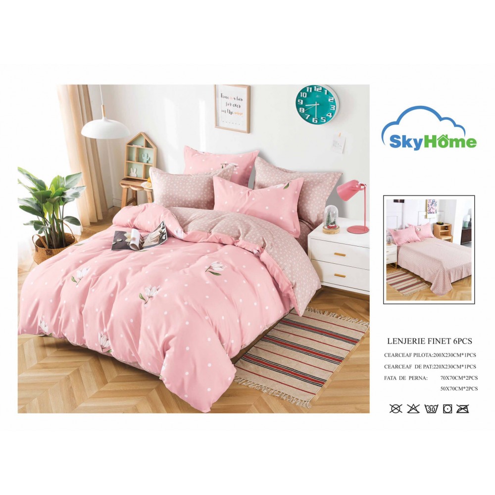 Lenjerie de Pat din Finet cu 2 Fete, 6 Piese, Pat 2 Persoane, LF6PSKY57 1 + 1 Gratis