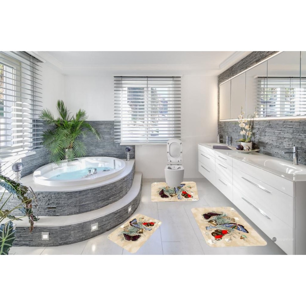 Covoare Pentru Baie, 3 Piese, Antiderapante , model fluturi crem SET 3 PIESE BAIE