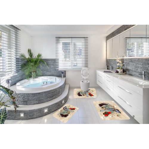 Covoare Pentru Baie, 3 Piese, Antiderapante , model fluturi crem