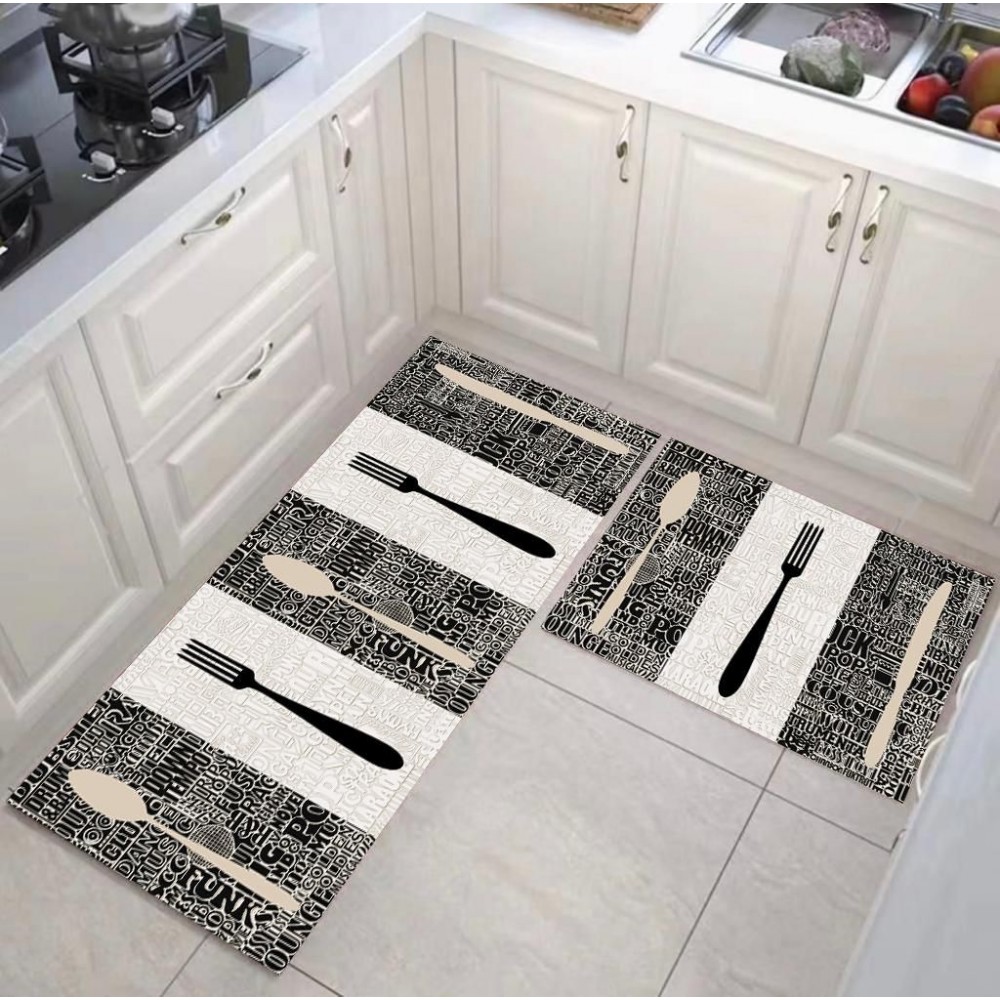 SET 2 COVORASE BUCATARIE , MODEL FURCULITA SI CUTIT ALB NEGRU Traverse antiderapante Bucătărie
