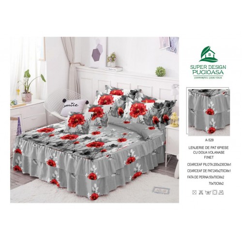 Lenjerie Finet Satinat cu Volanase  - 6 Piese -  Pat  2 Persoane LFVC3