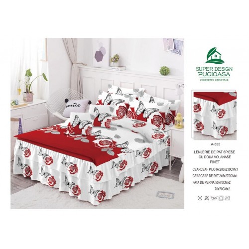 Lenjerie Finet Satinat cu Volanase  - 6 Piese -  Pat  2 Persoane LFVC9