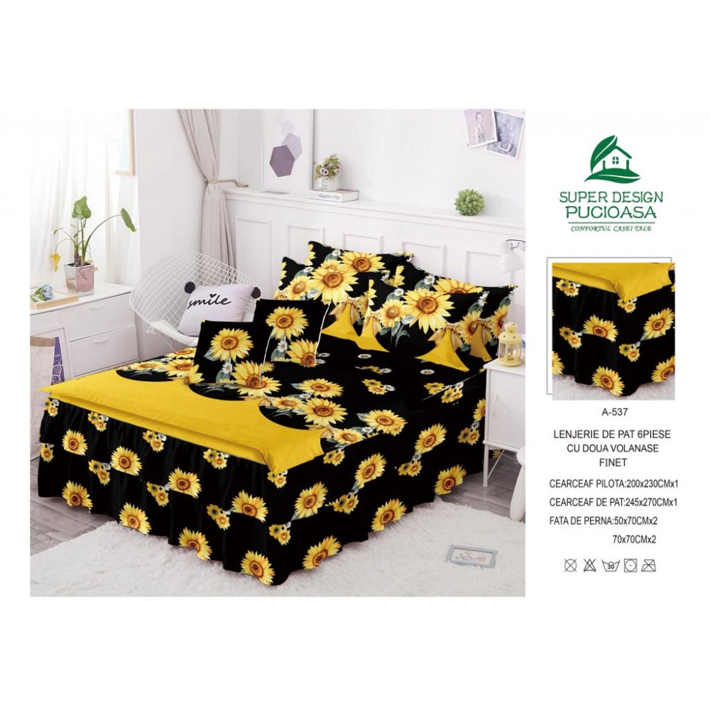 Lenjerie Finet Satinat cu Volanase  - 6 Piese -  Pat  2 Persoane LFVC16 Lenjerii din finet cu volanase