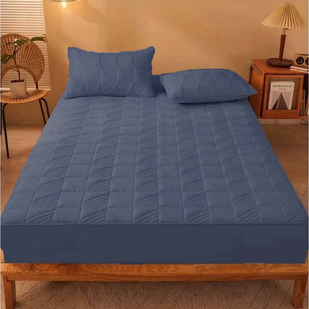 Husã matlasatã tip topper din bumbac satinat, 180x200cm + 2 fete de perna 50x70cm, Gri albastrui