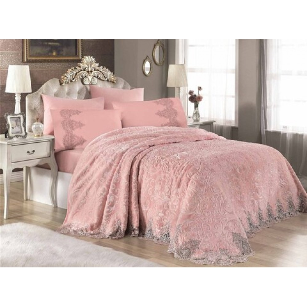 Cuvertura de lux cu broderie eleganta, 6 piese, pat 2 persoane, ROZ PAL , CL6PL3 CUVERTURI LUX 6 PIESE  CATIFEA