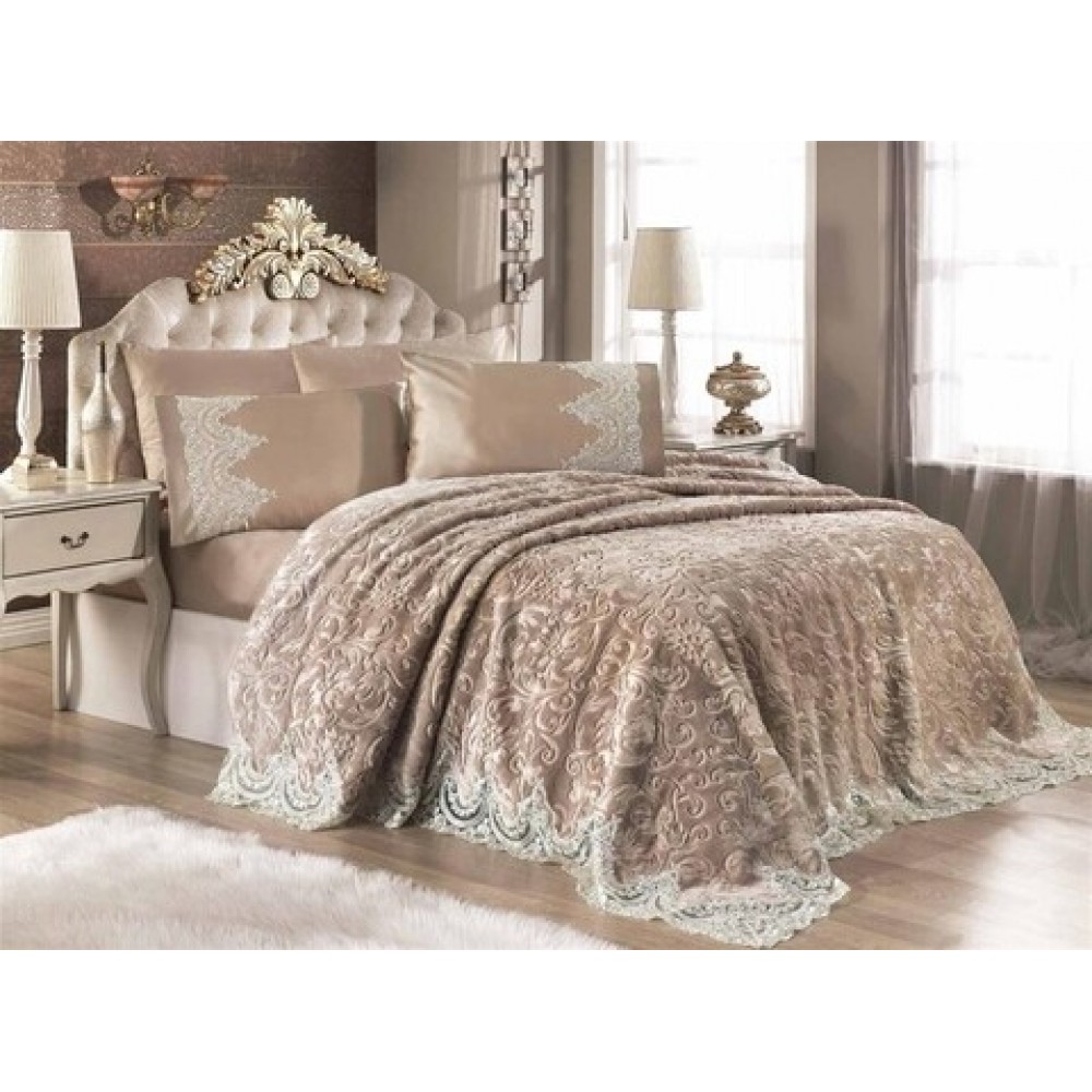 Cuvertura de lux cu broderie eleganta, 6 piese, pat 2 persoane, CAPPUCINO, CL6PL5 CUVERTURI LUX 6 PIESE  CATIFEA