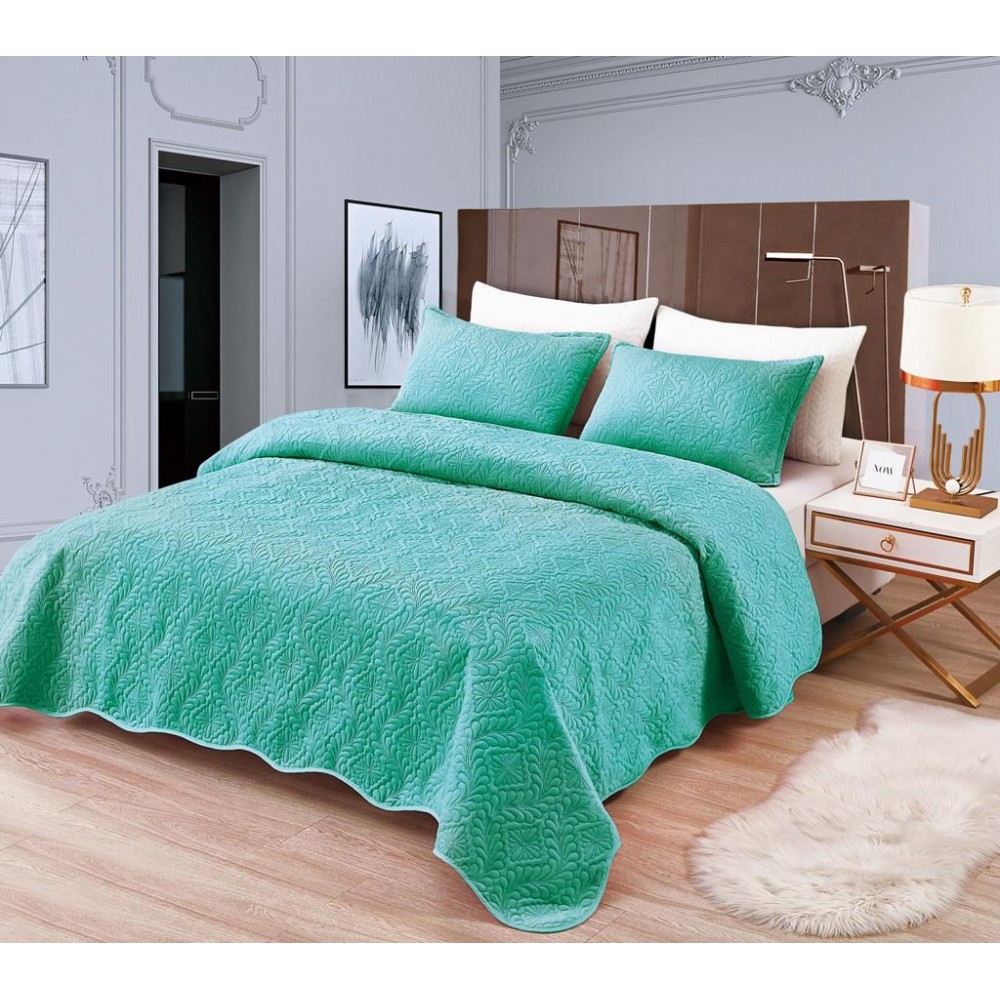 Cuvertura de pat din Catifea + 2 fețe de perna , Turquoise Cuverturi catifea