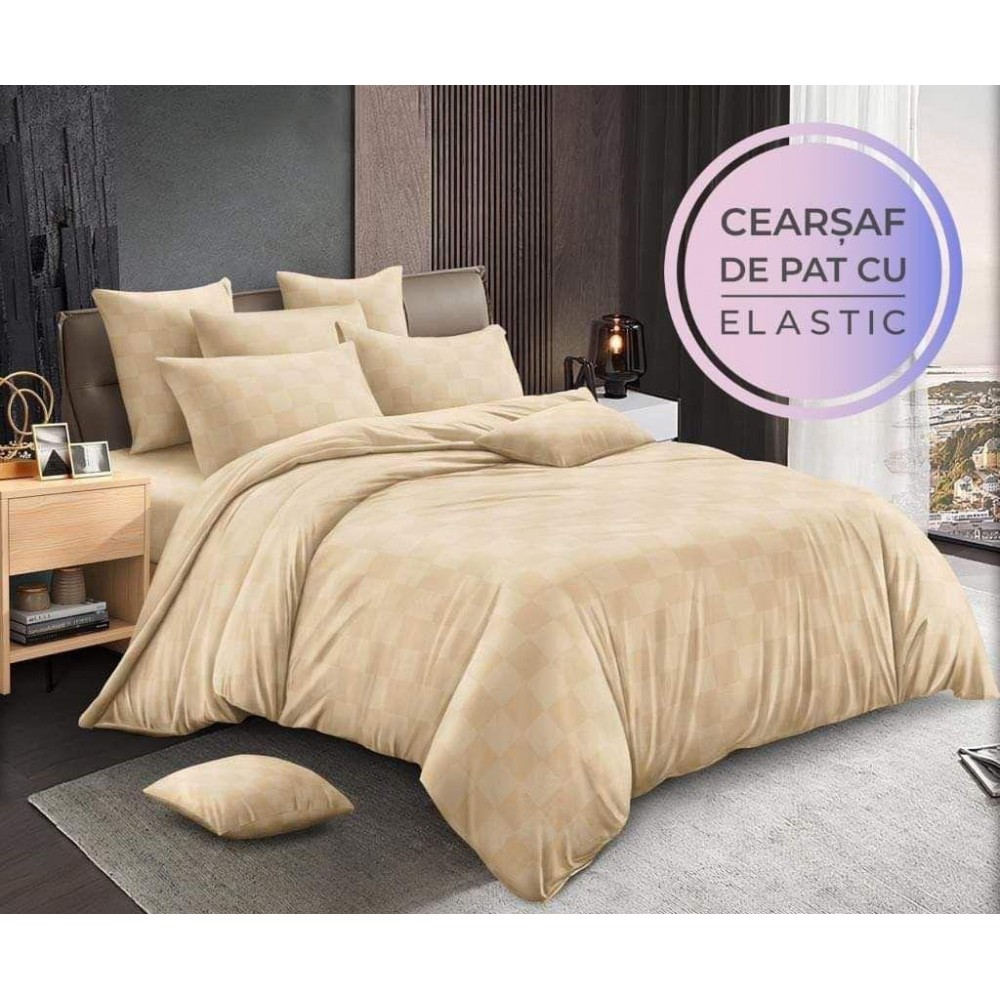 Lenjerie 6 piese din Damasc-Cearceaf cu Elastic Lenjerii Damascu cu elastic