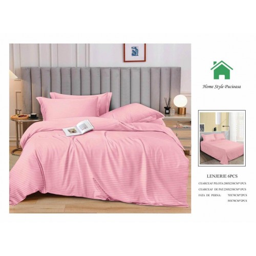Lenjerie HoReCa, pat dublu, Damasc Finetat Deluxe, 6 piese, ROZ PUDRA