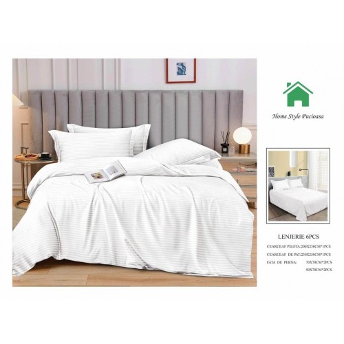 Lenjerie HoReCa, pat dublu, Damasc Finetat Deluxe, 6 piese, ALB