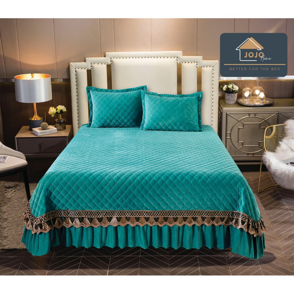 Cuvertura pat dublu, 3 piese, Catifea Matlasata cu Broderie  Aurie, 230x250cm, Jojo Home,TURQOISE, JOCV9 Cuverturi catifea