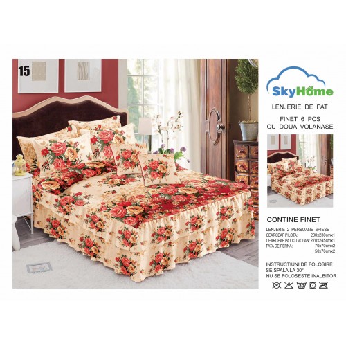 Lenjerie pat dublu, BUMBAC FINET, 6 piese, cu VOLANASE LFVSK15