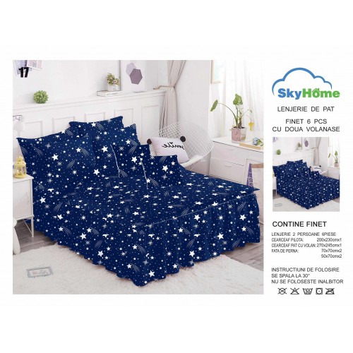 Lenjerie pat dublu, BUMBAC FINET, 6 piese, cu VOLANASE LFVSK17