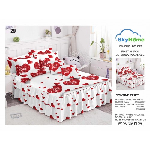 Lenjerie pat dublu, BUMBAC FINET, 6 piese, cu VOLANASE LFVSK29