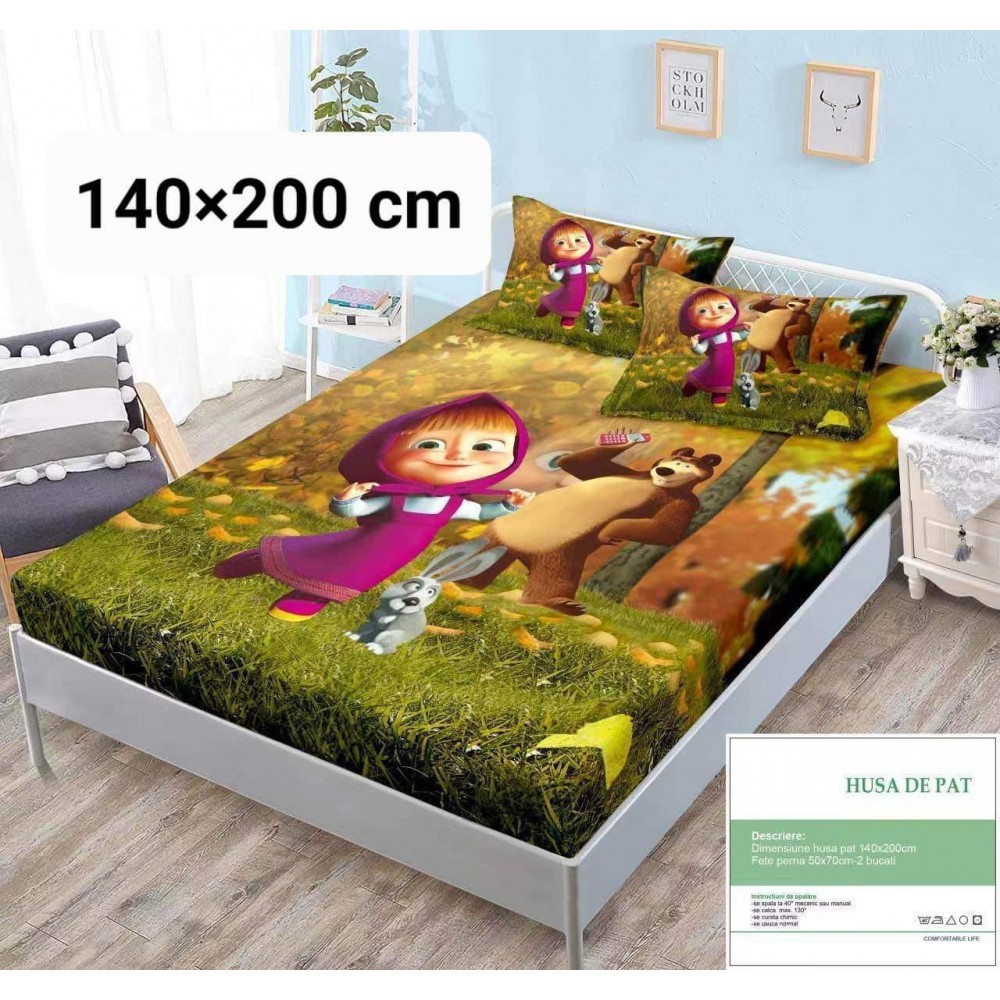 Set husa de pat dublu cu elastic si 2 fete de perna MM30 HUSE SALTEA COPII 140-180  X 200