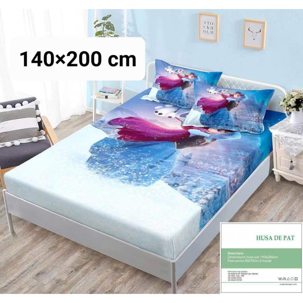 Set husa de pat dublu cu elastic si 2 fete de perna, Frozen Elsa,Anna si Olaf 2 HUSE SALTEA COPII 140-180  X 200