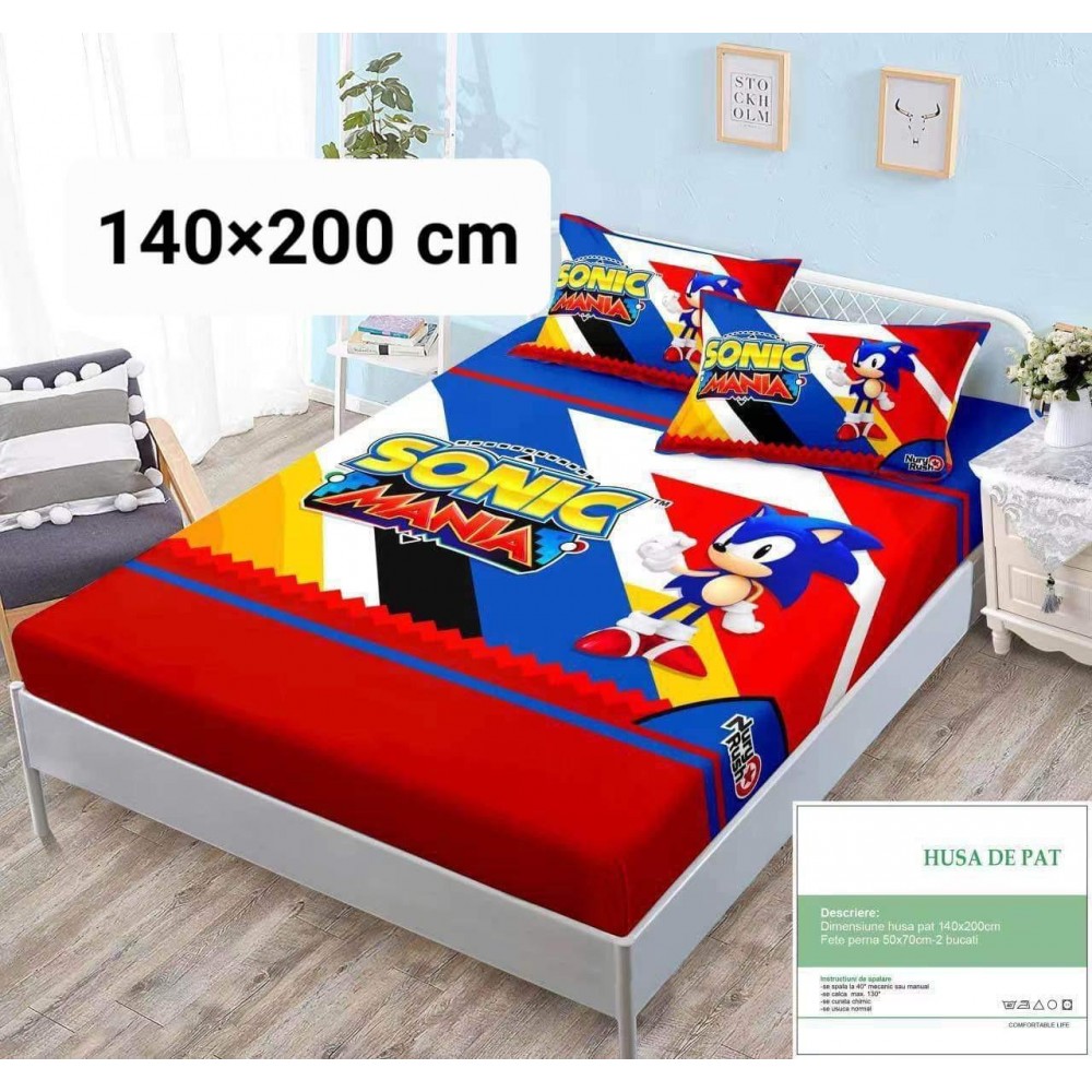 Set husa de pat dublu cu elastic si 2 fete de perna, Sonik mania HUSE SALTEA COPII 140-180  X 200