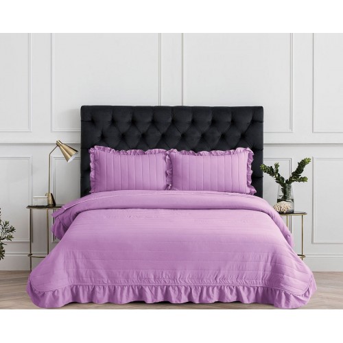 Cuvertura cu volanase pentru pat dublu din Bumbac Satinat Superior, 220x240cm, 3 PIESE, Lila