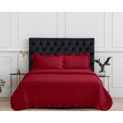 Cuvertura cu volanase pentru pat dublu din Bumbac Satinat Superior, 220x240cm, 3 PIESE, visiniu