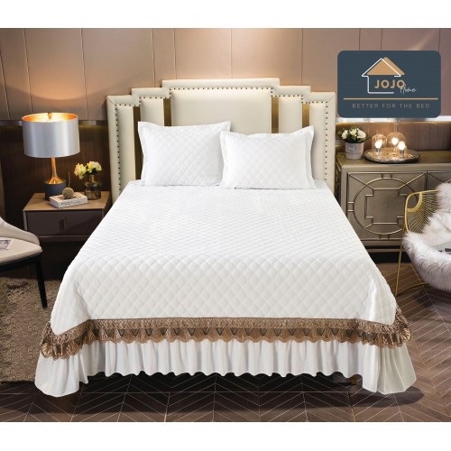 Cuvertura pat dublu, 3 piese, Catifea Matlasata cu Broderie Aurie, 230x250cm, Jojo Home,ALB, JOCV11