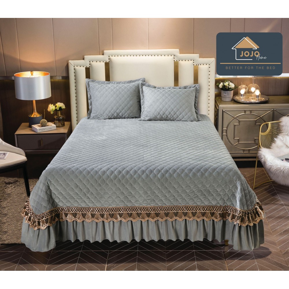 Cuvertura pat dublu, 3 piese, Catifea Matlasata cu Broderie Aurie, 230x250cm, Jojo Home, gri, JOC2 Cuverturi catifea