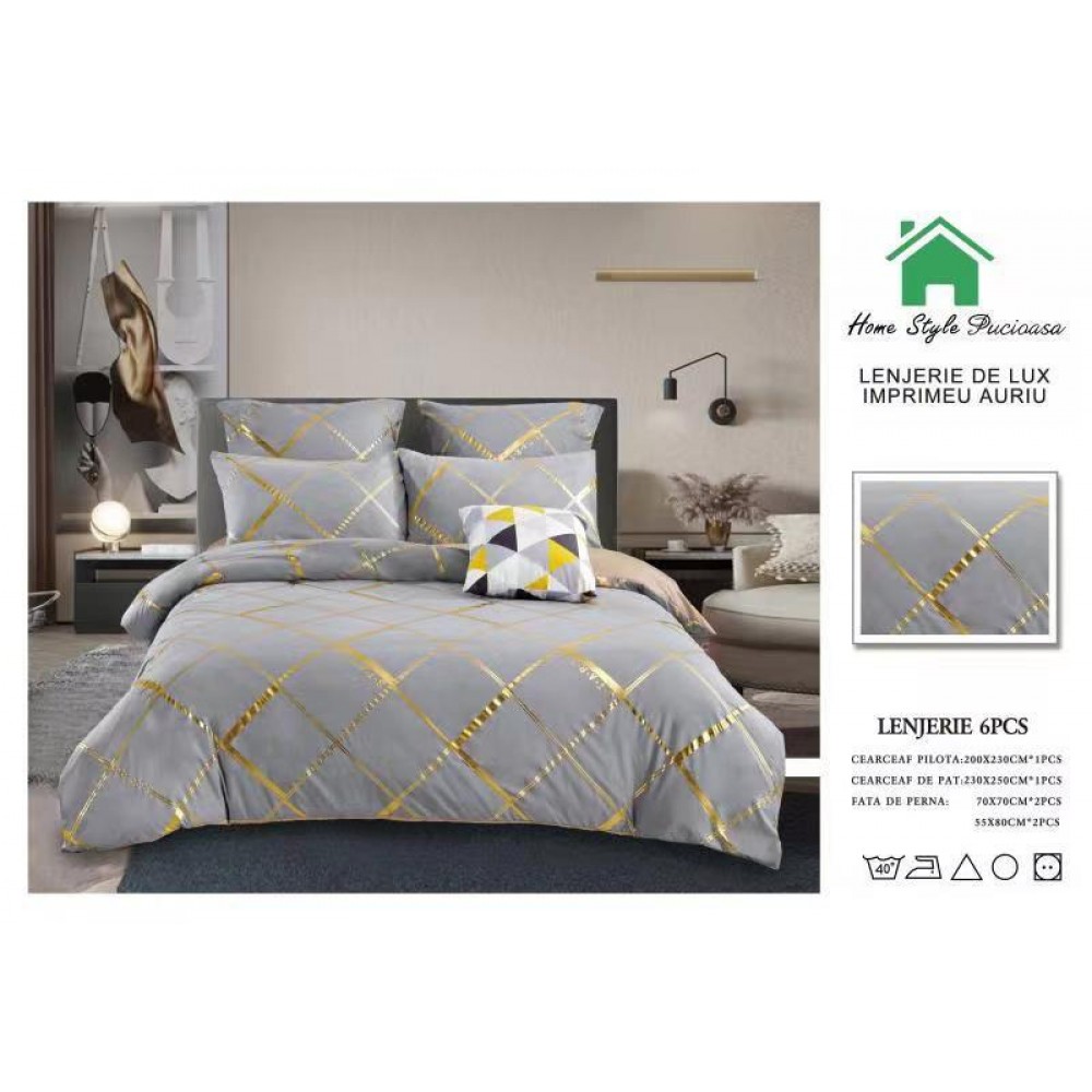 Lenjerie pat dublu, BUMBAC FINET DELUXE, 6 piese, Home Style Pucioasa, imprimeu Argintiu-Auriu,Forme geometrice aurii