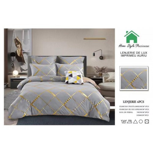 Lenjerie pat dublu, BUMBAC FINET DELUXE, 6 piese, Home Style Pucioasa, imprimeu Argintiu-Auriu,Forme geometrice aurii