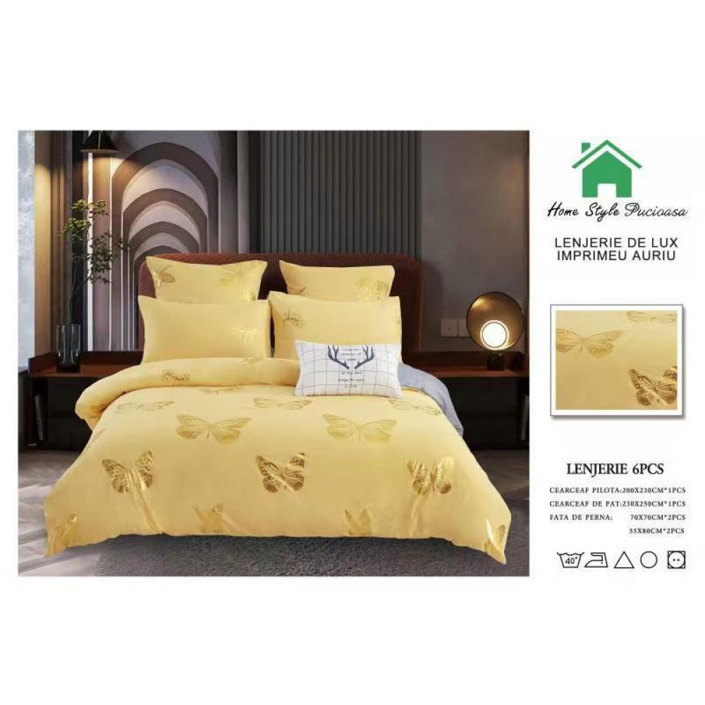 Lenjerie pat dublu, BUMBAC FINET DELUXE, 6 piese, Home Style Pucioasa, imprimeu Argintiu-Auriu,fluturasi aurii 1 LENJERII CU IMPRIMEU ARGINTIU/ AURIU