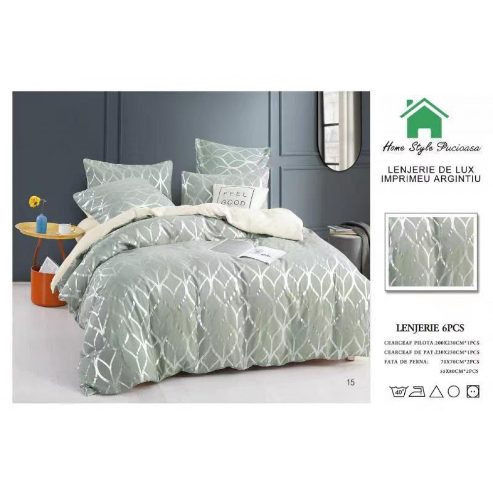 Lenjerie pat dublu, BUMBAC FINET DELUXE, 6 piese, Home Style Pucioasa, imprimeu Argintiu-Auriu,abstract argintiu LENJERII CU IMPRIMEU ARGINTIU/ AURIU