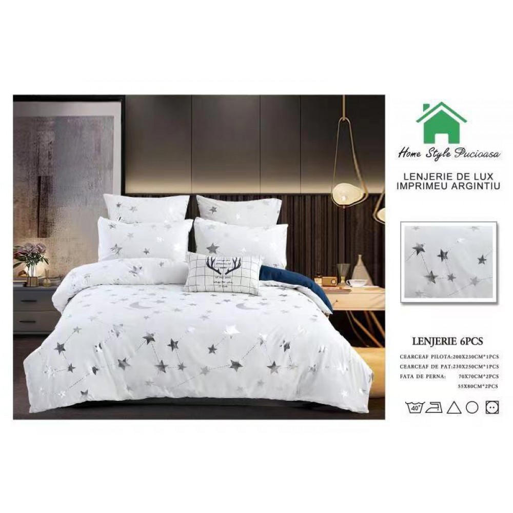 Lenjerie pat dublu, BUMBAC FINET DELUXE, 6 piese, Home Style Pucioasa, imprimeu Argintiu-Auriu,stelute  argintii LENJERII CU IMPRIMEU ARGINTIU/ AURIU