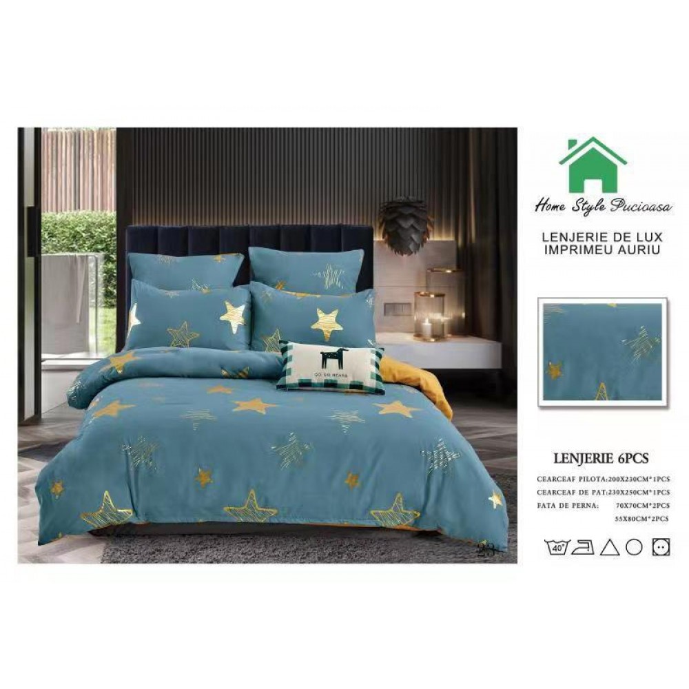 Lenjerie pat dublu, BUMBAC FINET DELUXE, 6 piese, Home Style Pucioasa, imprimeu Argintiu-Auriu,Stelute aurii LENJERII CU IMPRIMEU ARGINTIU/ AURIU