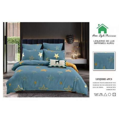 Lenjerie pat dublu, BUMBAC FINET DELUXE, 6 piese, Home Style Pucioasa, imprimeu Argintiu-Auriu,Stelute aurii