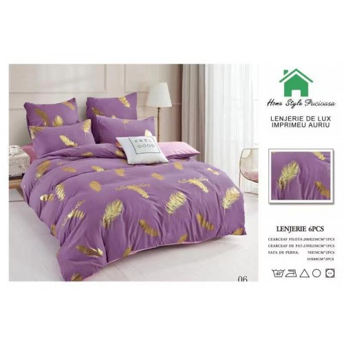 Lenjerie pat dublu, BUMBAC FINET DELUXE, 6 piese, Home Style Pucioasa, imprimeu Argintiu-Auriu,Pene aurii
