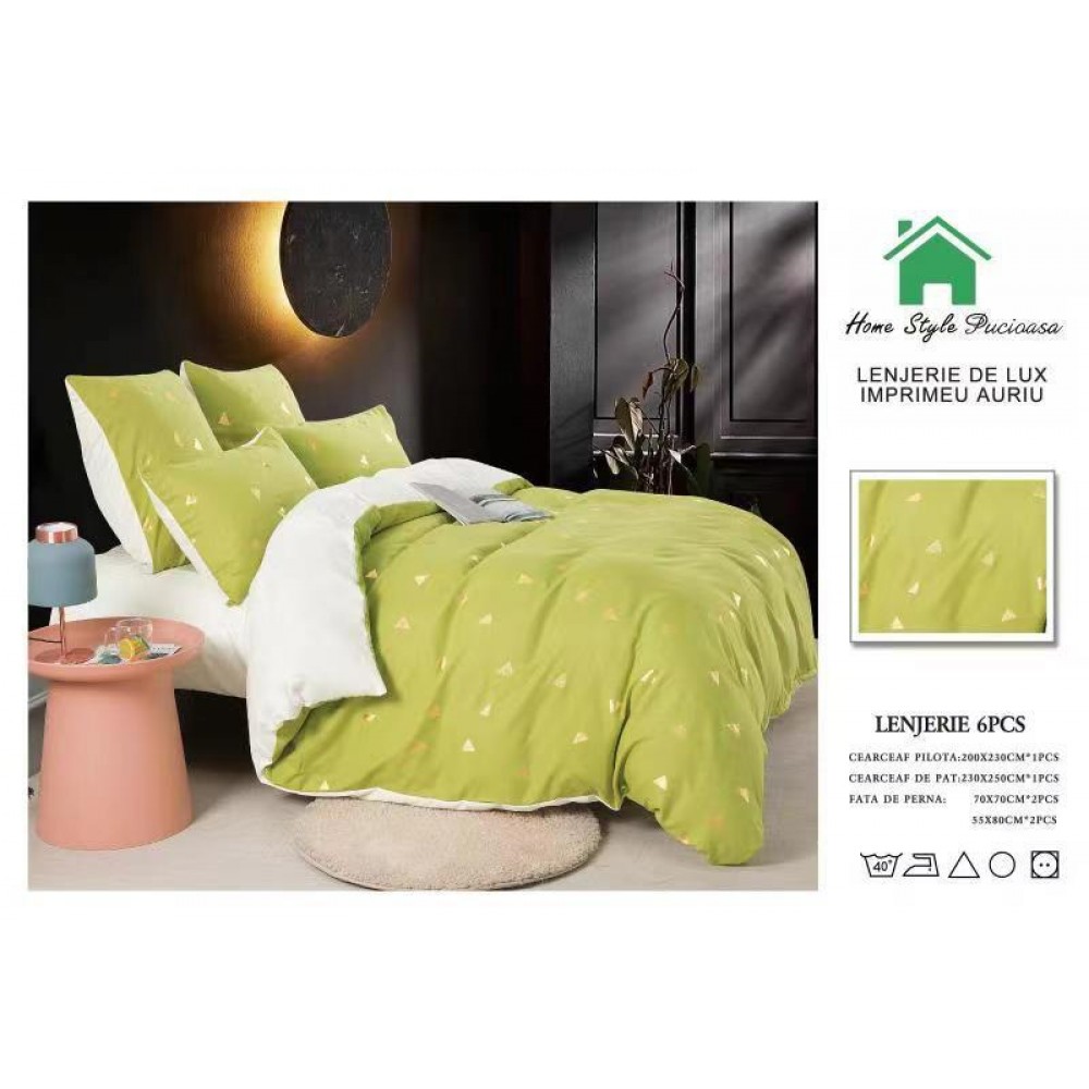 Lenjerie pat dublu, BUMBAC FINET DELUXE, 6 piese, Home Style Pucioasa, imprimeu Argintiu-Auriu,Triunghiuri aurii LENJERII CU IMPRIMEU ARGINTIU/ AURIU