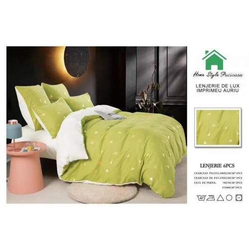 Lenjerie pat dublu, BUMBAC FINET DELUXE, 6 piese, Home Style Pucioasa, imprimeu Argintiu-Auriu,Triunghiuri aurii