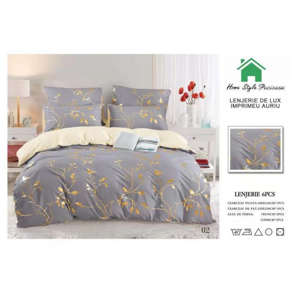 Lenjerie pat dublu, BUMBAC FINET DELUXE, 6 piese, Home Style Pucioasa, imprimeu Argintiu-Auriu,crengi  aurii LENJERII CU IMPRIMEU ARGINTIU/ AURIU