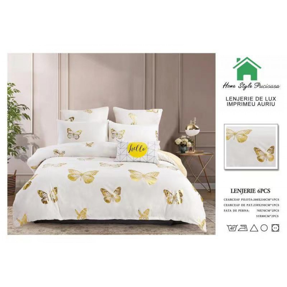 Lenjerie pat dublu, BUMBAC FINET DELUXE, 6 piese, Home Style Pucioasa, imprimeu Argintiu-Auriu,fluturasi aurii LENJERII CU IMPRIMEU ARGINTIU/ AURIU